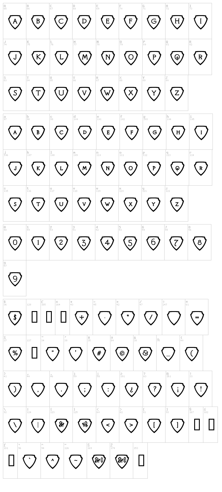 Knight's Quest font map